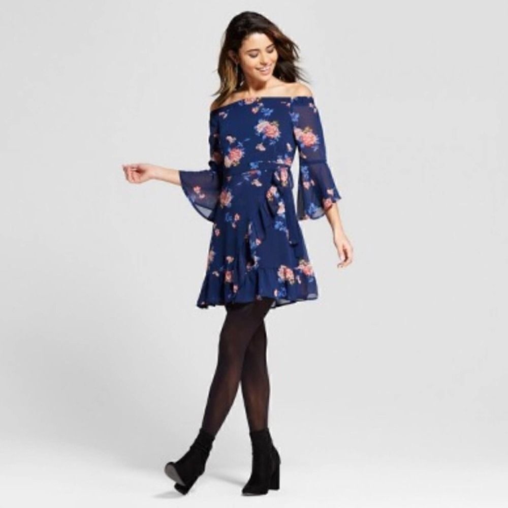 2/$20 Xhilaration Target Blue Floral Print Ruffle Off Shoulder Dress